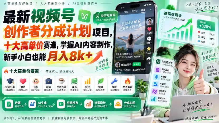 《视频号分成计划：AI量产短视频，十大高单价赛道新手月入8k+》-猴哥资源站