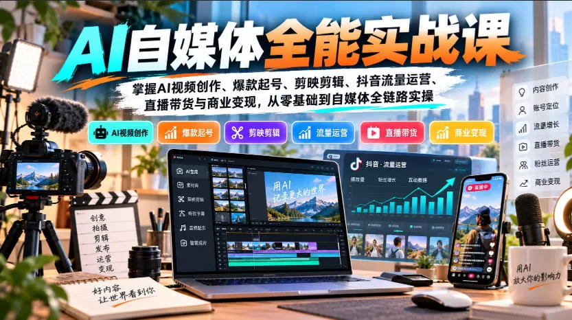 《AI自媒体153节实战：零基础玩转视频创作+直播带货变现》-猴哥资源站