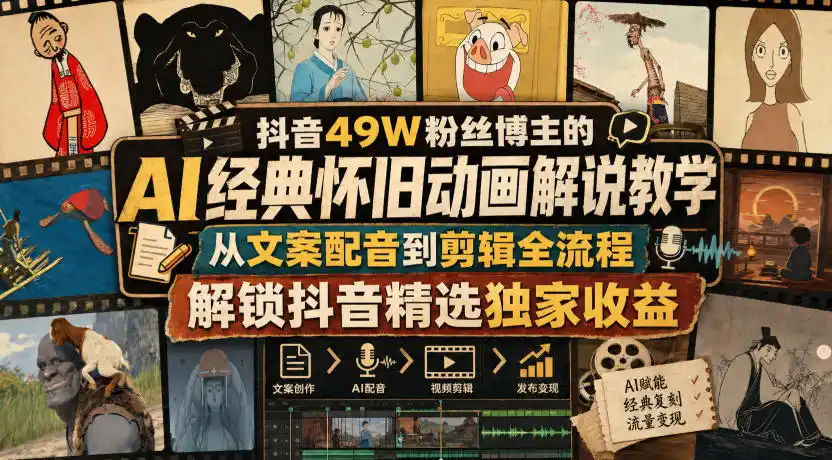《抖音49W粉博主亲授：AI怀旧动画解说全流程，零基础批量出爆款》-猴哥资源站