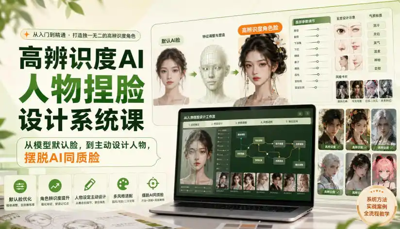 高辨识度AI人物捏脸设计系统课,从模型默认脸,到主动设计人物,摆脱AI同质脸-猴哥资源站