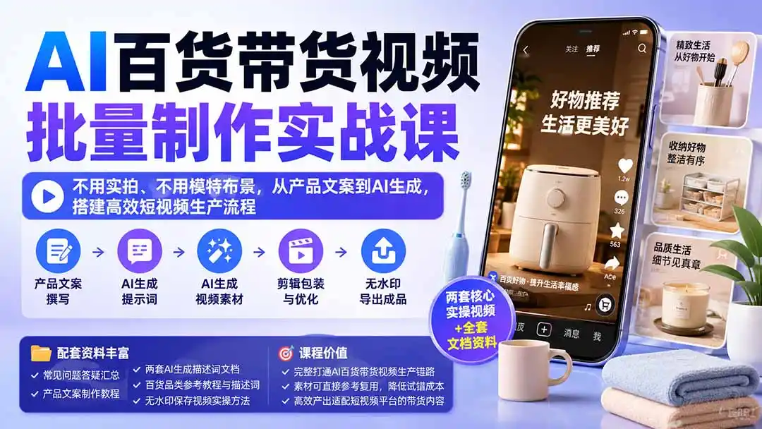 《AI百货带货视频零基础实操，不用拍摄也能批量出片稳定变现》-猴哥资源站