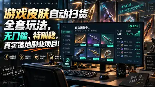 《游戏饰品自动扫货挂机玩法,零基础24小时躺赚实操攻略》-猴哥资源站