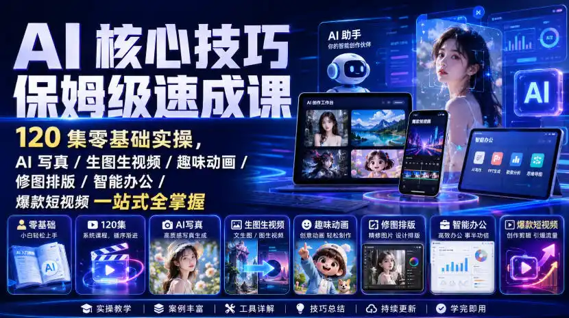 《AI保姆级实操120集，零基础玩转写真/视频/办公，3天入门全掌握》-猴哥资源站