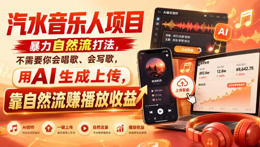 汽水音乐人项目，暴力自然流打法，不需要你会唱歌、会写歌，用AI生成上传，靠自然流賺播放收益-猴哥资源站