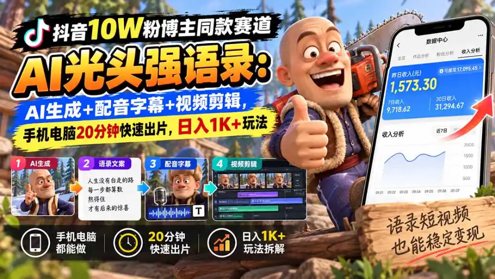 《AI光头强语录赛道，零基础20分钟出片，抖音10W粉博主实操全拆解》-猴哥资源站