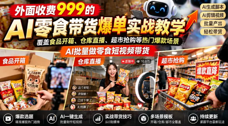 《AI零食带货全自动实战：零出镜批量出片，爆款场景直接复制》-猴哥资源站