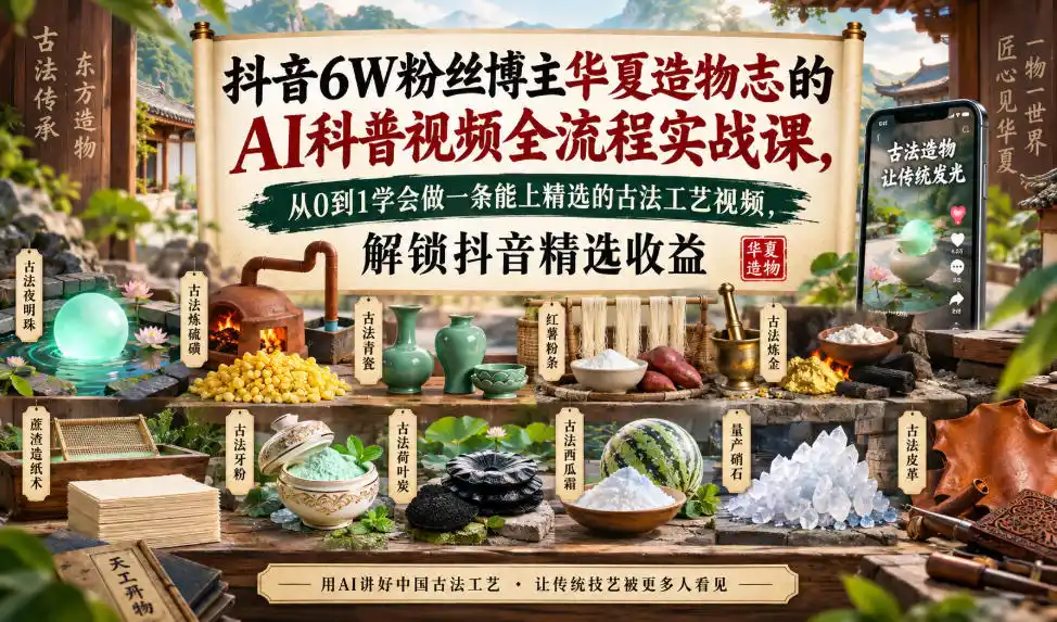 《AI复刻千年古法工艺，零基础做国风科普视频解锁抖音精选收益》-猴哥资源站