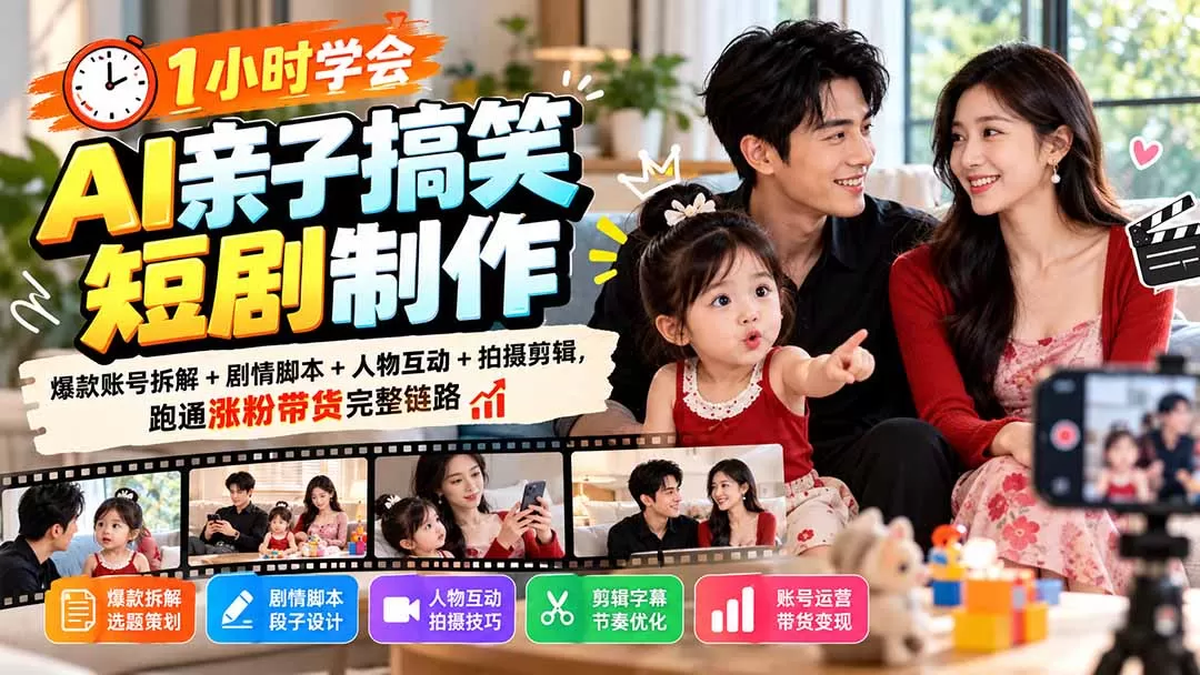 《零基础亲子搞笑短剧，手机拍出爆款带货账号全攻略》-猴哥资源站