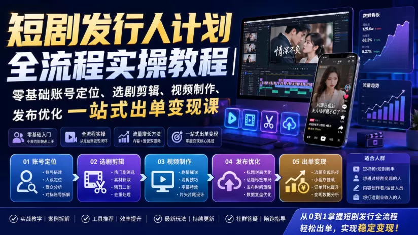 短剧发行人计划全流程实操教程｜零基础账号定位、选剧剪辑、视频制作、发布优化一站式出单变现课-猴哥资源站