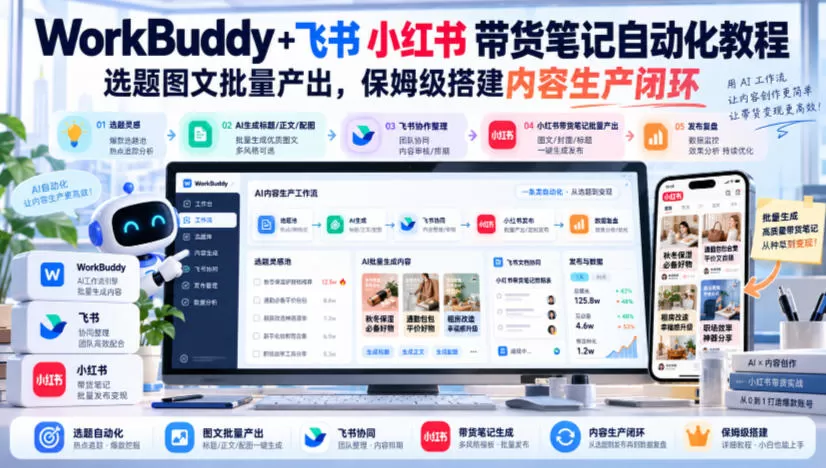 《WorkBuddy+飞书全自动小红书带货笔记，零基础批量出稿日更50条》-猴哥资源站