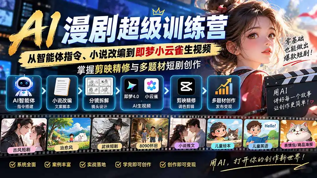 《AI漫剧全流程实战：从文案到变现，零基础也能批量出片》-猴哥资源站