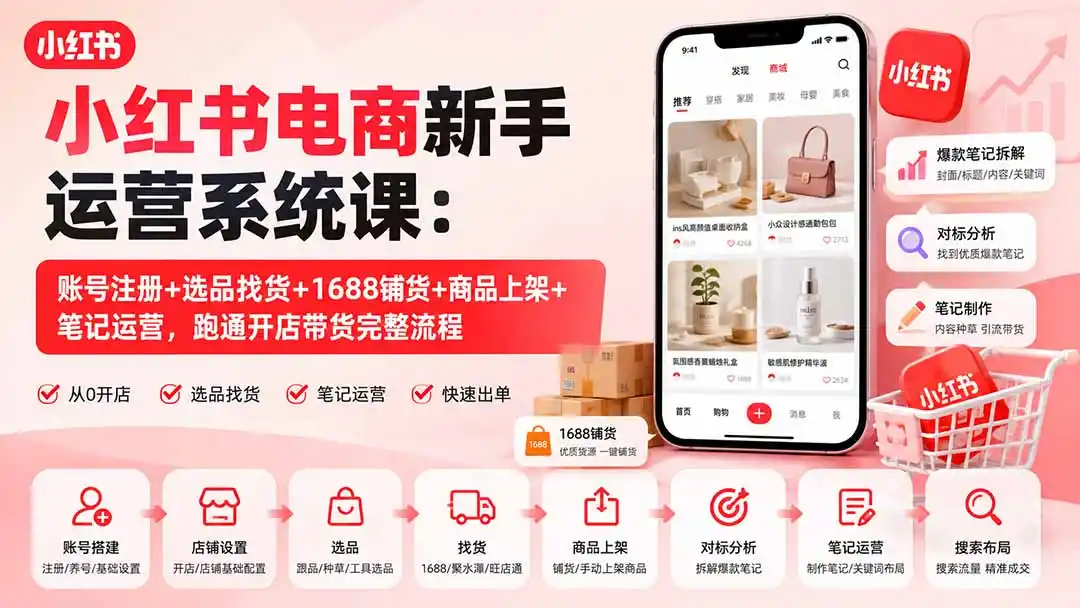 《小红书开店全流程实操，零基础跑通选品铺货笔记变现闭环》-猴哥资源站