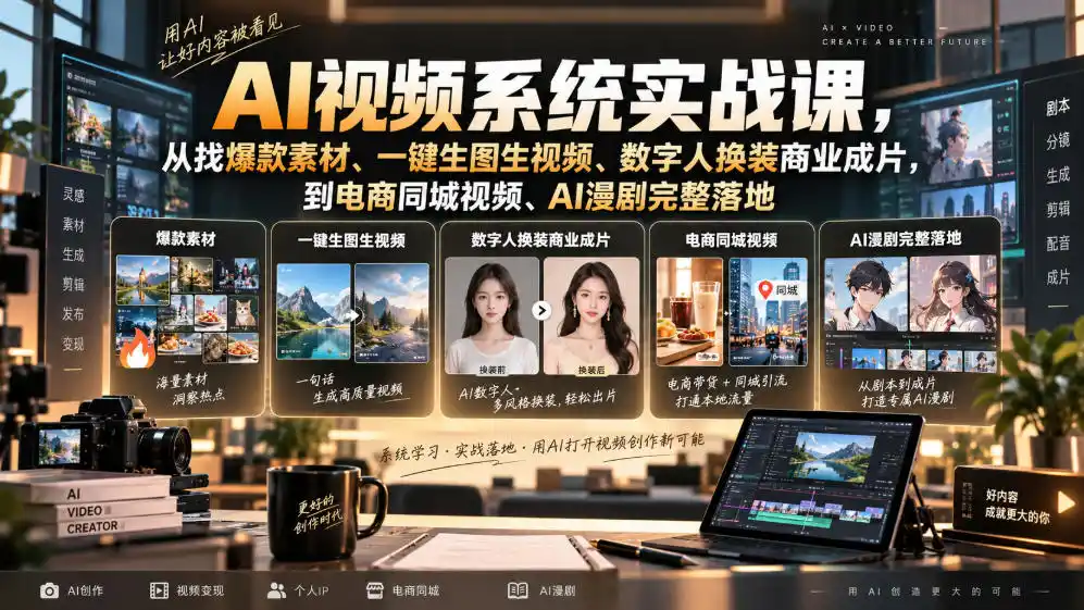 《AI视频从0到1全套实战，零基础批量出片电商数字人漫剧多赛道变现》-猴哥资源站