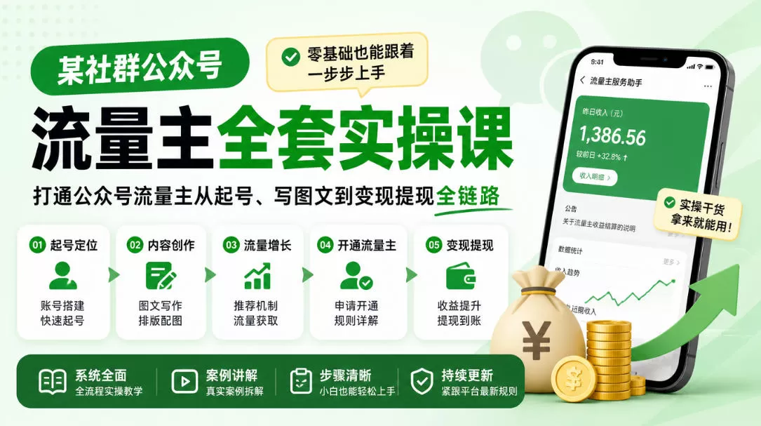 《公众号流量主全链路实操,零基础起号写图文到变现提现》-猴哥资源站
