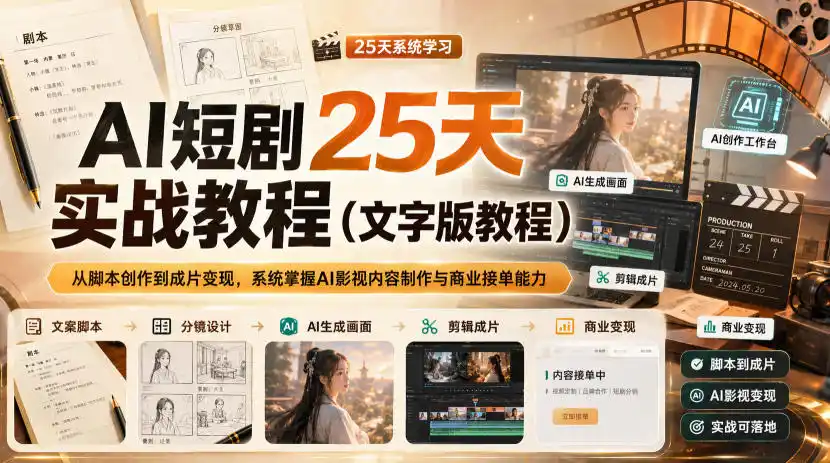 《AI短剧25天实战体系：从脚本到变现，零基础接单一单几百的全套落地攻略》-猴哥资源站