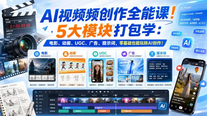 《AI视频创作全能实战体系，零基础玩转电影动画广告，五大模块一网打尽》-猴哥资源站