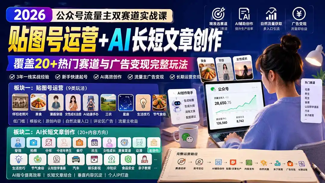 《公众号流量主双赛道变现全攻略，贴图+AI文章零基础轻松起号赚钱》-猴哥资源站