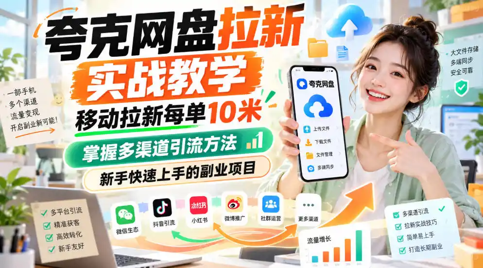 《网盘拉新实战教学，移动渠道每单10米，新手快速上手副业》-猴哥资源站