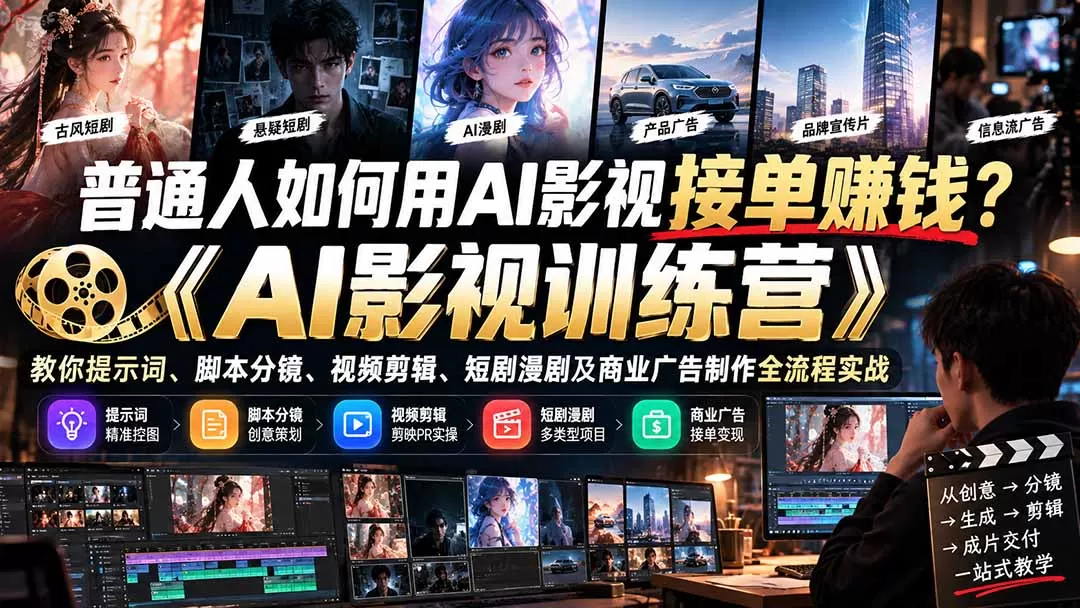 普通人如何用AI影视接单赚钱？《AI影视训练营》教你提示词、脚本分镜、视频剪辑、短剧漫剧及商业广告制作全流程实战-猴哥资源站