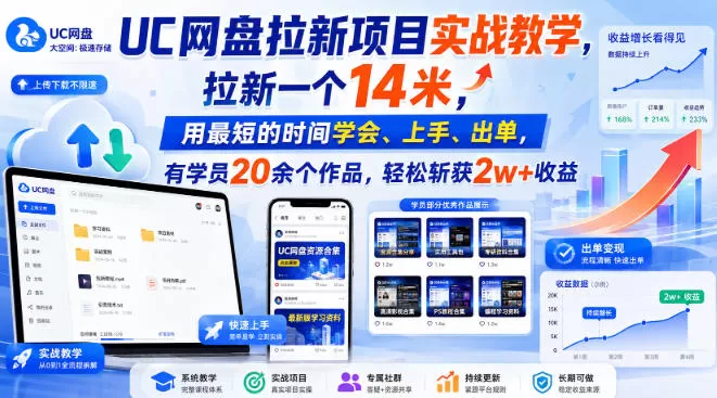 《UC网盘拉新实战：单链接14米，学员20个作品狂揽2W+》-猴哥资源站