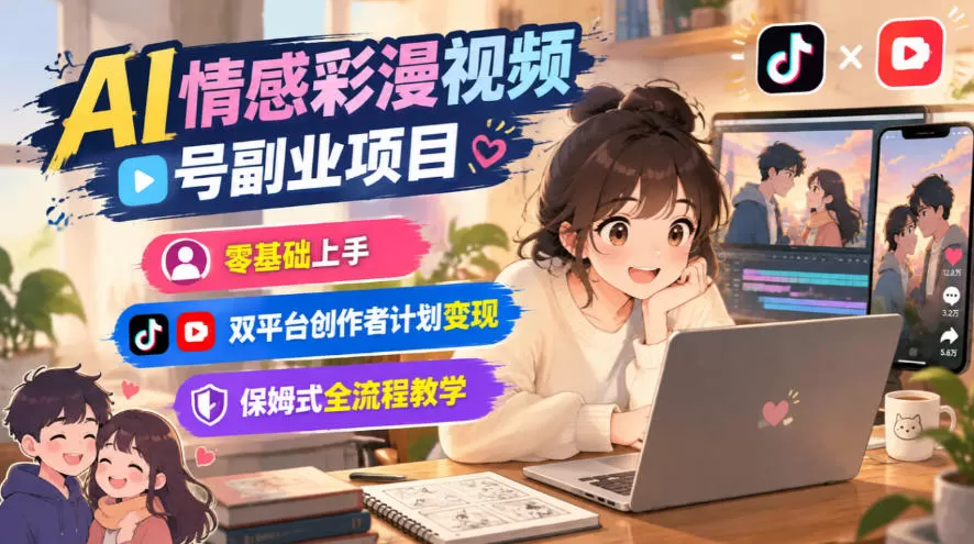 《AI情感彩漫视频号副业，零基础双平台创作者计划稳定变现》-猴哥资源站