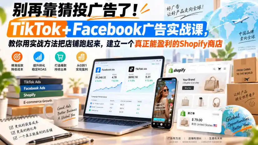 《TikTok+Facebook广告实战，从0跑通盈利Shopify店铺》-猴哥资源站