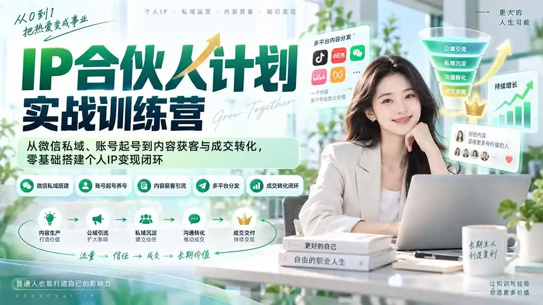 《IP合伙人实战训练营：零基础打造个人IP，跑通公域引流到私域变现全闭环》-猴哥资源站