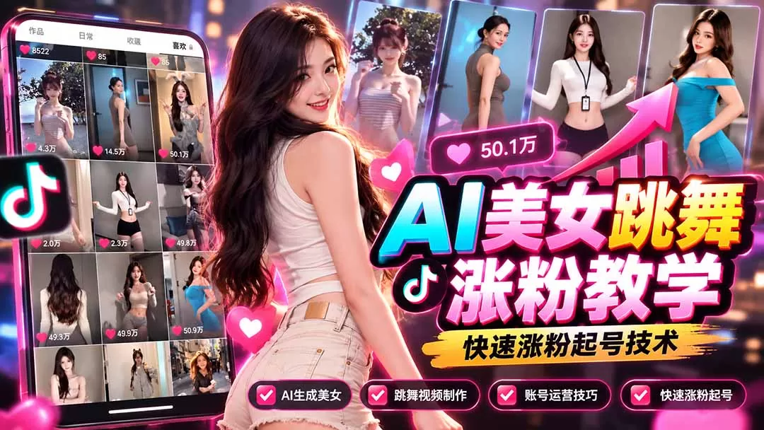 AI美女跳舞涨粉教学，AI生成美女，跳舞视频制作，账号运营与快速起号涨粉-猴哥资源站