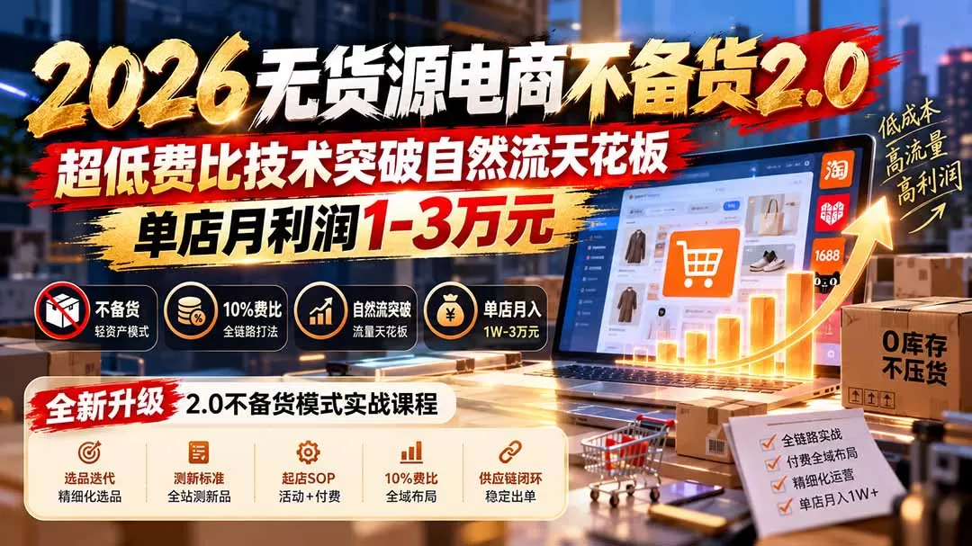 《2.0不备货电商实战，10%费比全域布局单店月入1W+》-猴哥资源站