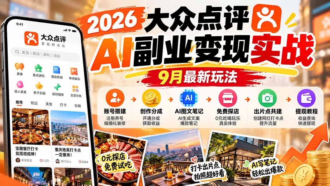 《大众点评AI探店实战：零基础0元吃遍全城，21天稳定赚分成》-猴哥资源站
