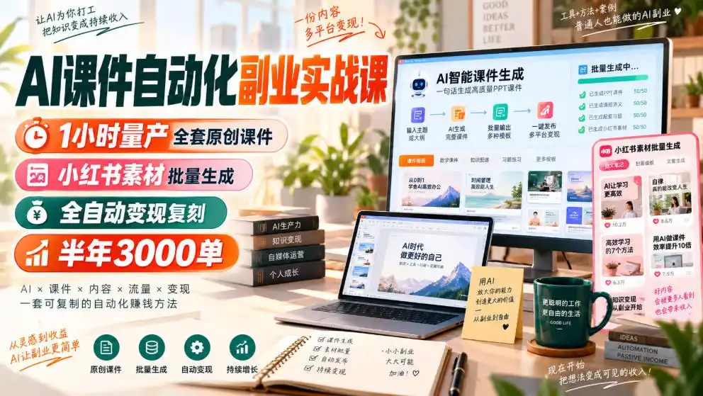 《AI课件自动化实战，1小时量产全套原创课件，小红书月入过万》-猴哥资源站