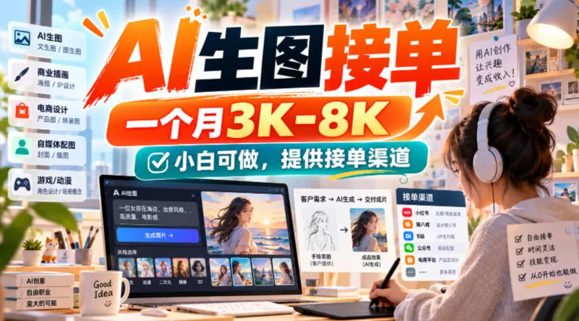 《AI生图接单实操：零基础一张图30-80，月入3000-8000》-猴哥资源站
