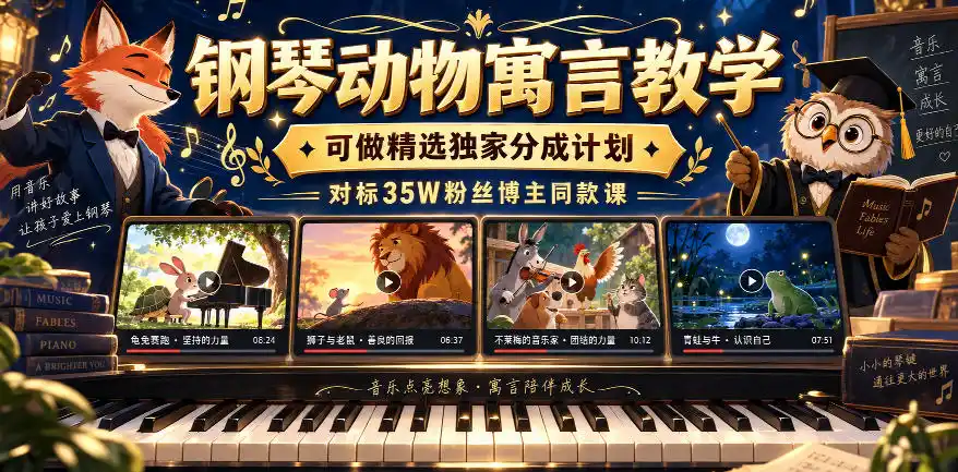 《钢琴动物寓言课，精选独家分成计划，对标35万粉博主轻松变现》-猴哥资源站