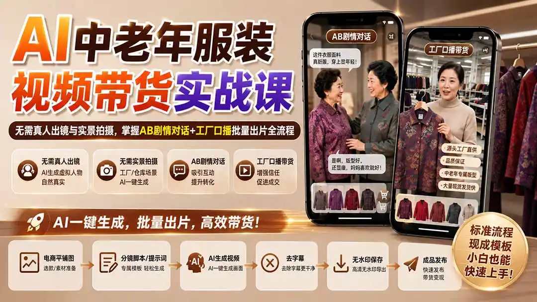 《AI中老年服装剧情带货视频制作教程：零真人出镜，批量产出爆款带货视频》-猴哥资源站