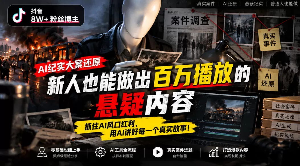 《AI纪实大案还原实战：零基础不露脸，做出百万播放悬疑内容》-猴哥资源站