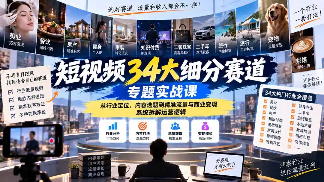 《34大行业短视频获客全攻略，精准定位到变现一整套打法》-猴哥资源站