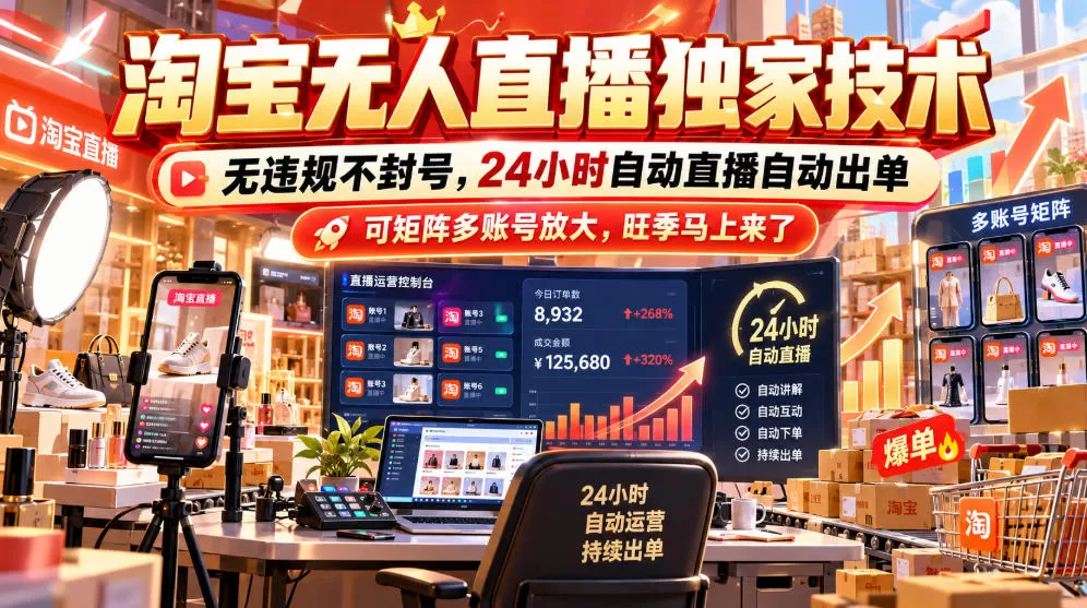《淘宝无人直播全自动挂机，24小时自动出单单日1k+矩阵放大》-猴哥资源站