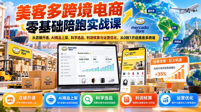 《美客多跨境零基础陪跑，AI上架+16种选品+利润核算全攻略》-猴哥资源站